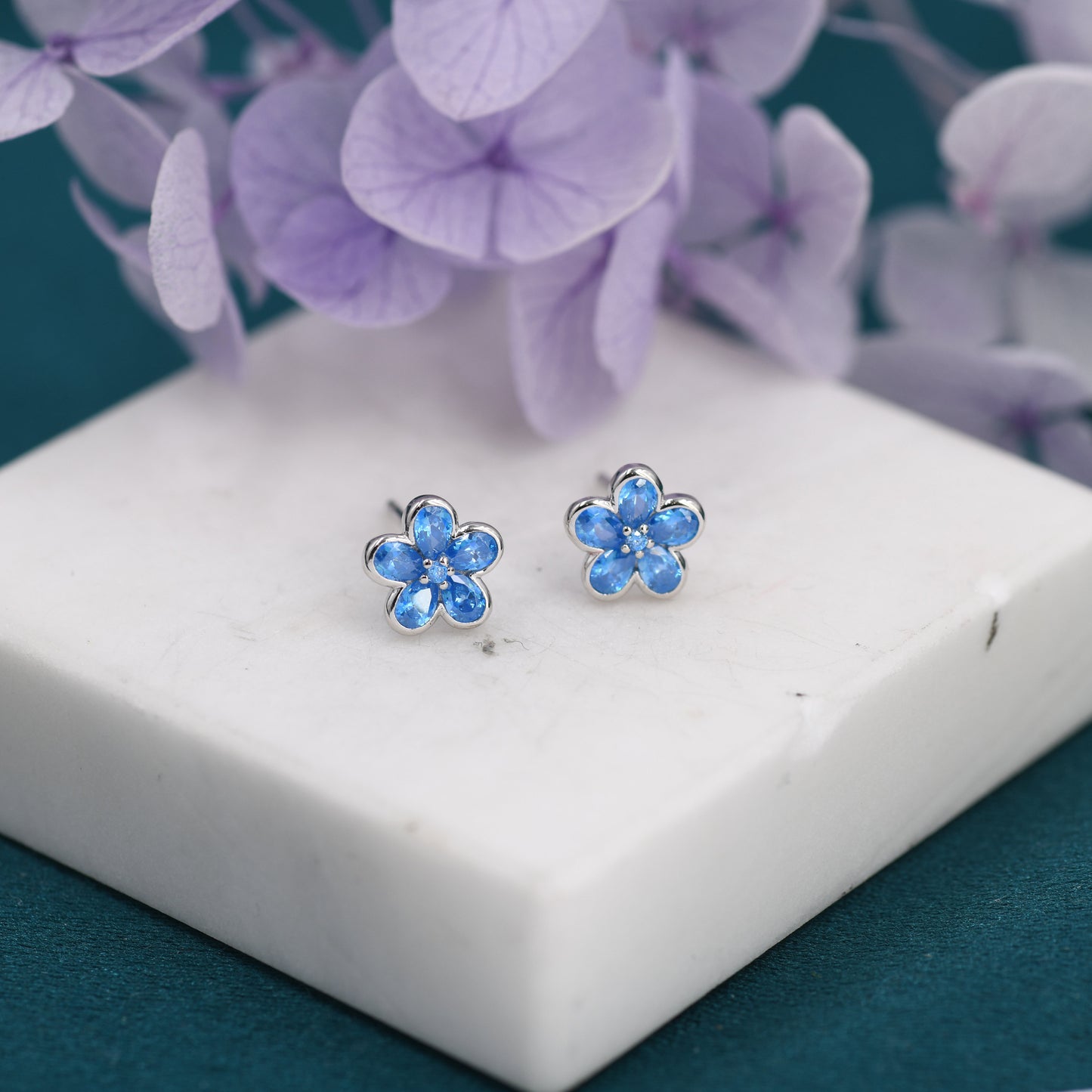 Aquamarine Blue Flower CZ Stud Earrings in Sterling Silver, Forget Me Not Floral CZ Earrings, Flower CZ Earrings