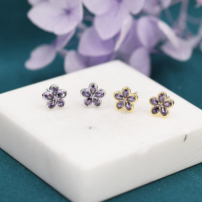 Amethyst Purple Flower CZ Stud Earrings in Sterling Silver, Forget Me Not Floral CZ Earrings, Silver or Gold, Flower CZ Earrings