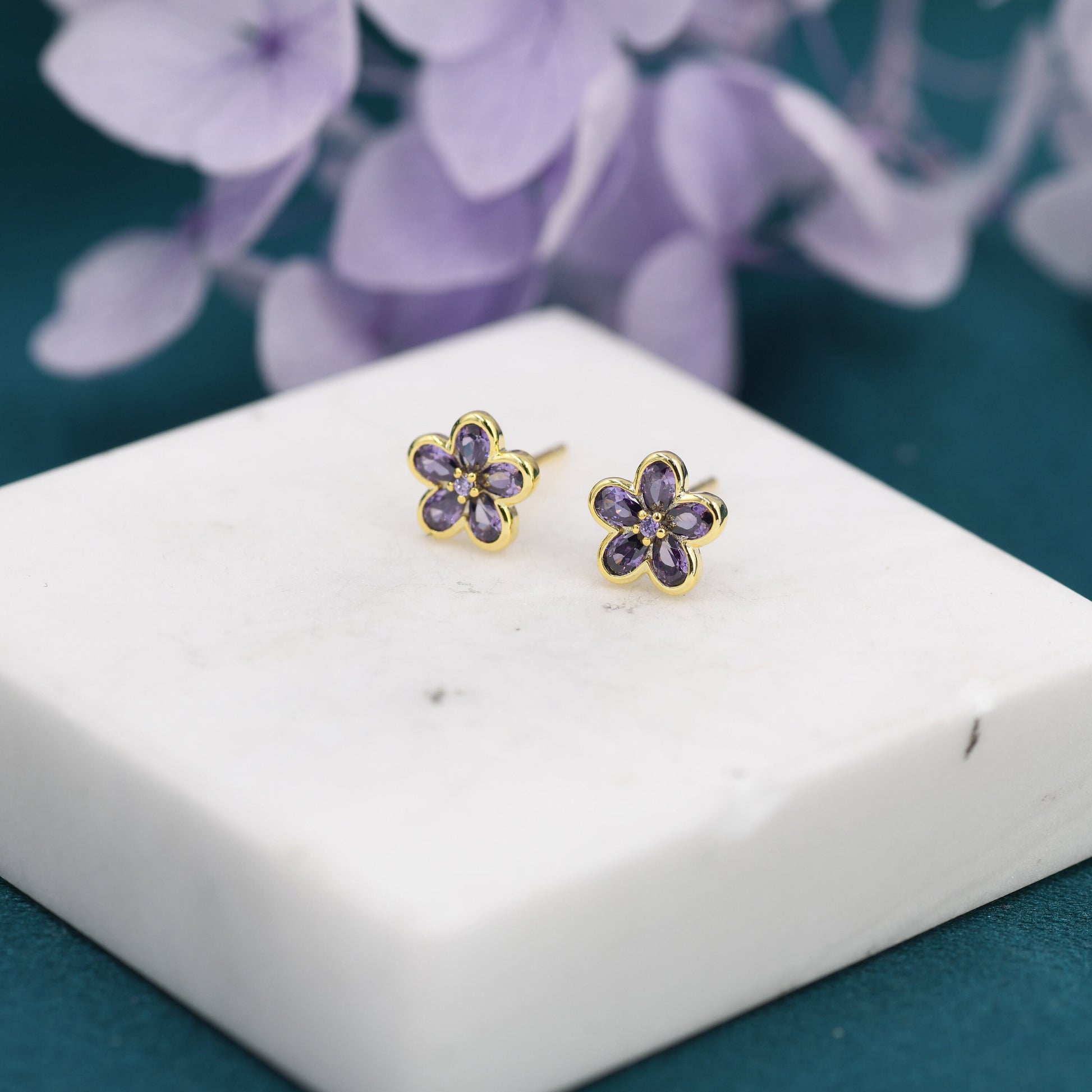 Amethyst Purple Flower CZ Stud Earrings in Sterling Silver, Forget Me Not Floral CZ Earrings, Silver or Gold, Flower CZ Earrings