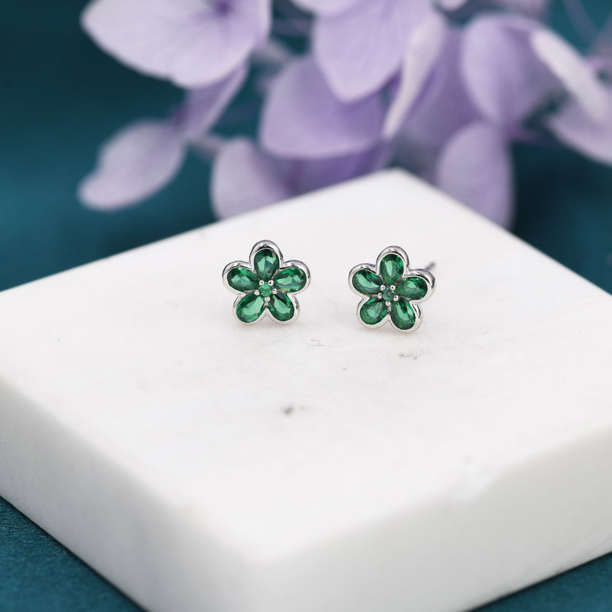 Emerald Green Flower CZ Stud Earrings in Sterling Silver, Forget Me Not Floral CZ Earrings, Silver or Gold, Flower CZ Earrings