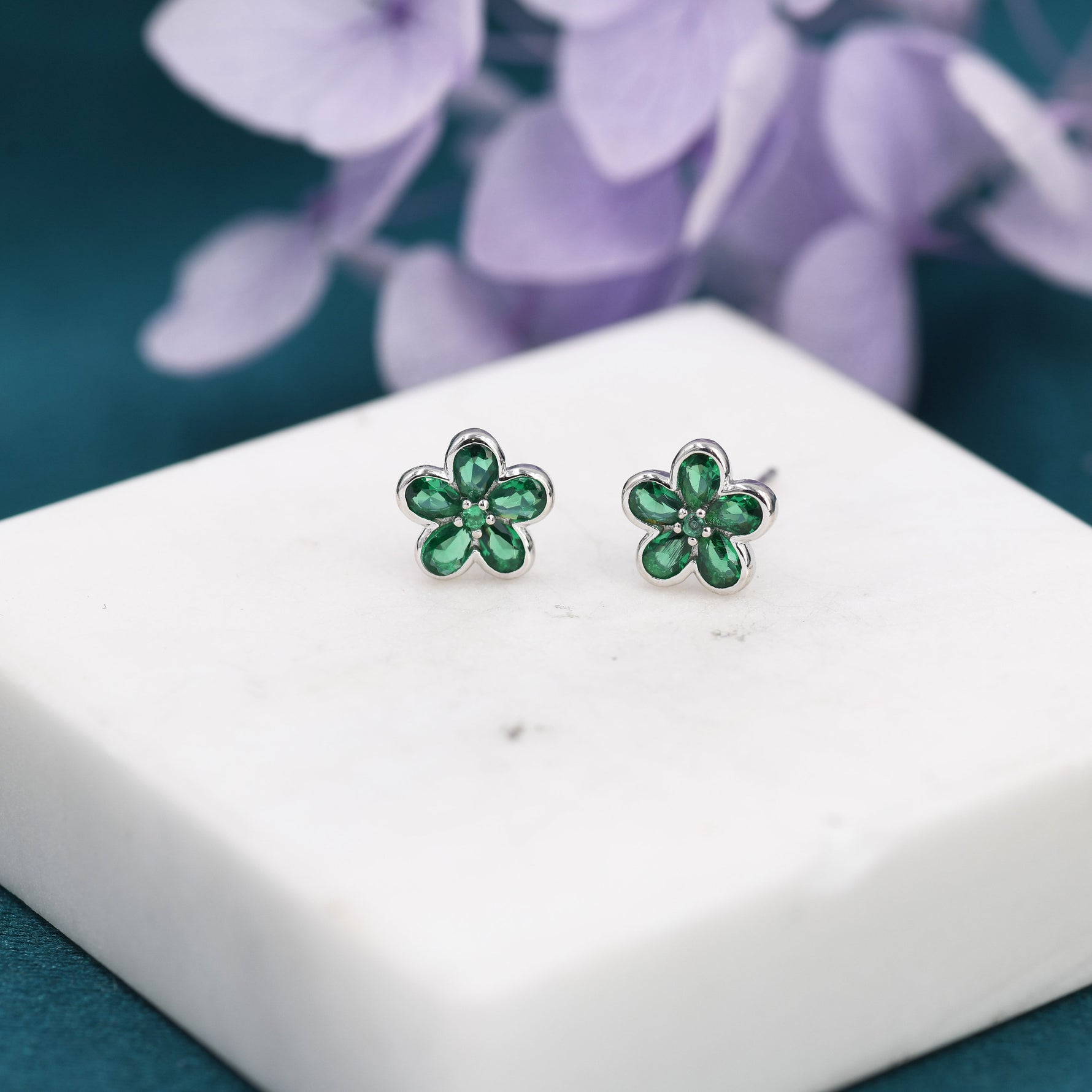 Emerald Green Flower CZ Stud Earrings in Sterling Silver, Forget Me Not Floral CZ Earrings, Silver or Gold, Flower CZ Earrings