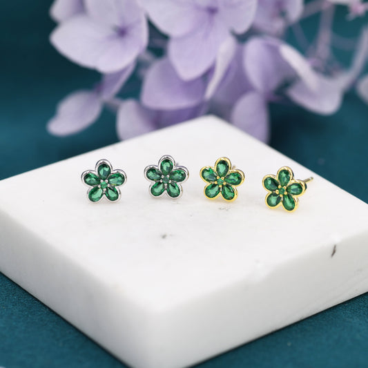 Emerald Green Flower CZ Stud Earrings in Sterling Silver, Forget Me Not Floral CZ Earrings, Silver or Gold, Flower CZ Earrings