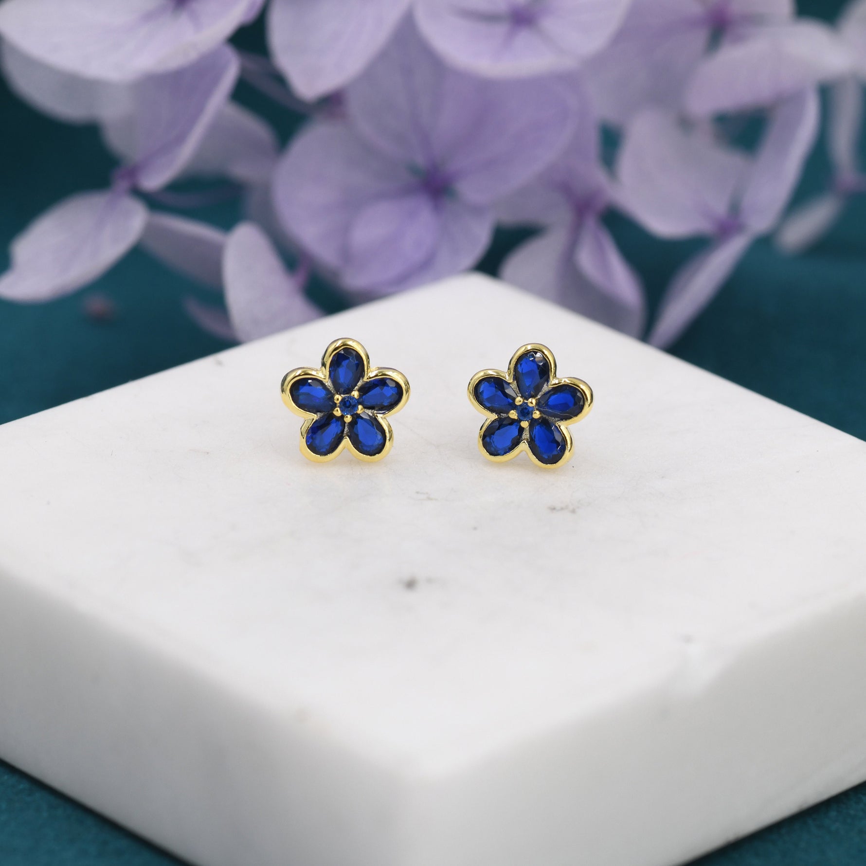 Sapphire Blue Flower CZ Stud Earrings in Sterling Silver, Forget Me Not Floral CZ Earrings, Silver or Gold, Flower CZ Earrings