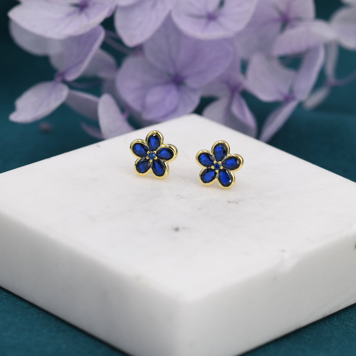 Sapphire Blue Flower CZ Stud Earrings in Sterling Silver, Forget Me Not Floral CZ Earrings, Silver or Gold, Flower CZ Earrings
