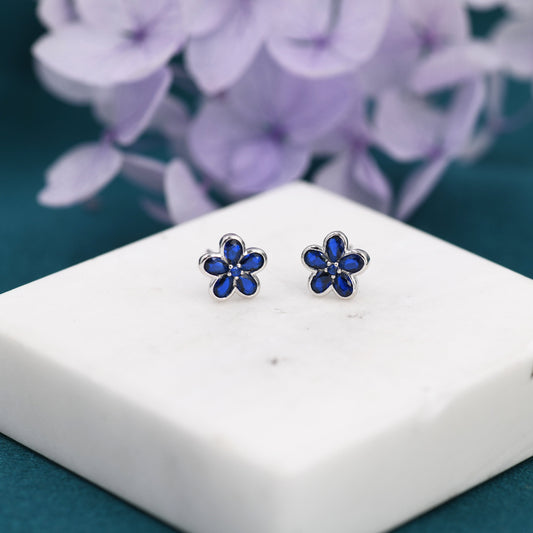 Sapphire Blue Flower CZ Stud Earrings in Sterling Silver, Forget Me Not Floral CZ Earrings, Silver or Gold, Flower CZ Earrings