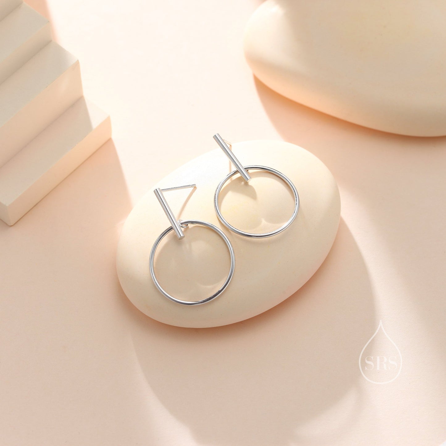 Large Dangle Circle and Bar Stud Earrings in Sterling Silver, Silver, Gold or Rose Gold, Geometric Circle Dangle Earrings