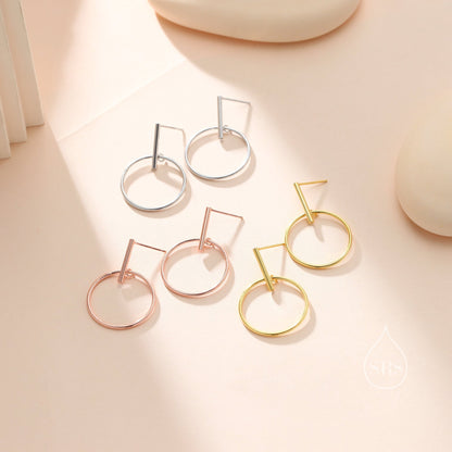 Large Dangle Circle and Bar Stud Earrings in Sterling Silver, Silver, Gold or Rose Gold, Geometric Circle Dangle Earrings