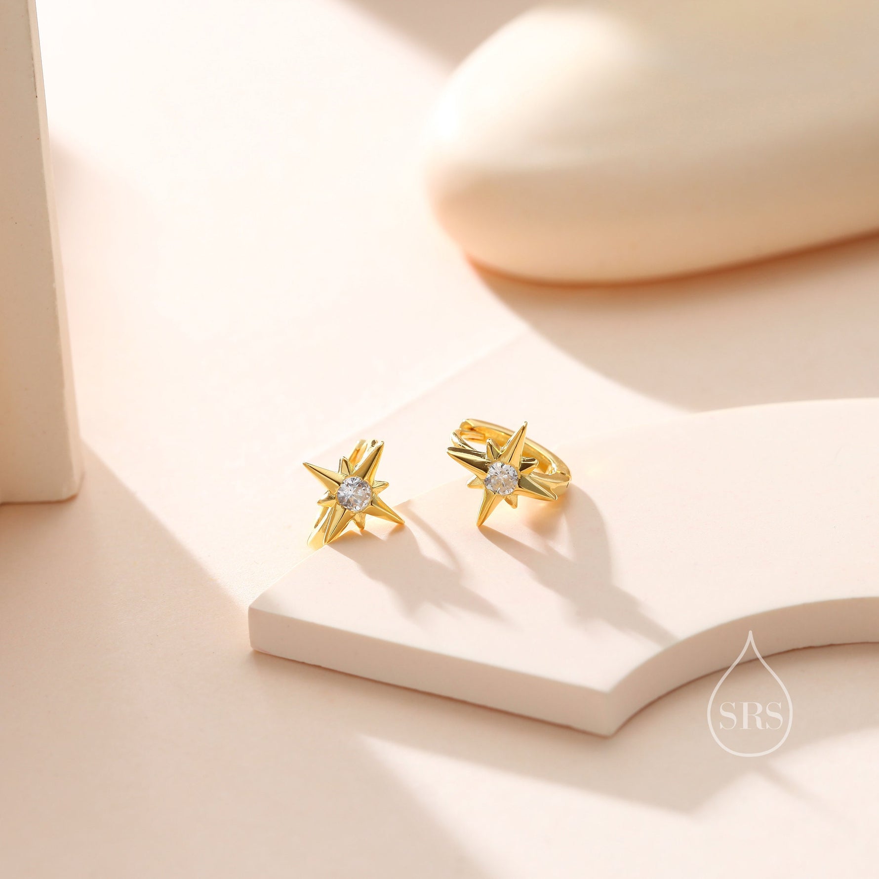 Delicate Starburst CZ Huggie Hoop Earrings in Sterling Silver, Silver, Gold or Rose Gold, North Star Earrings, Sunburst Earrings, Celestial