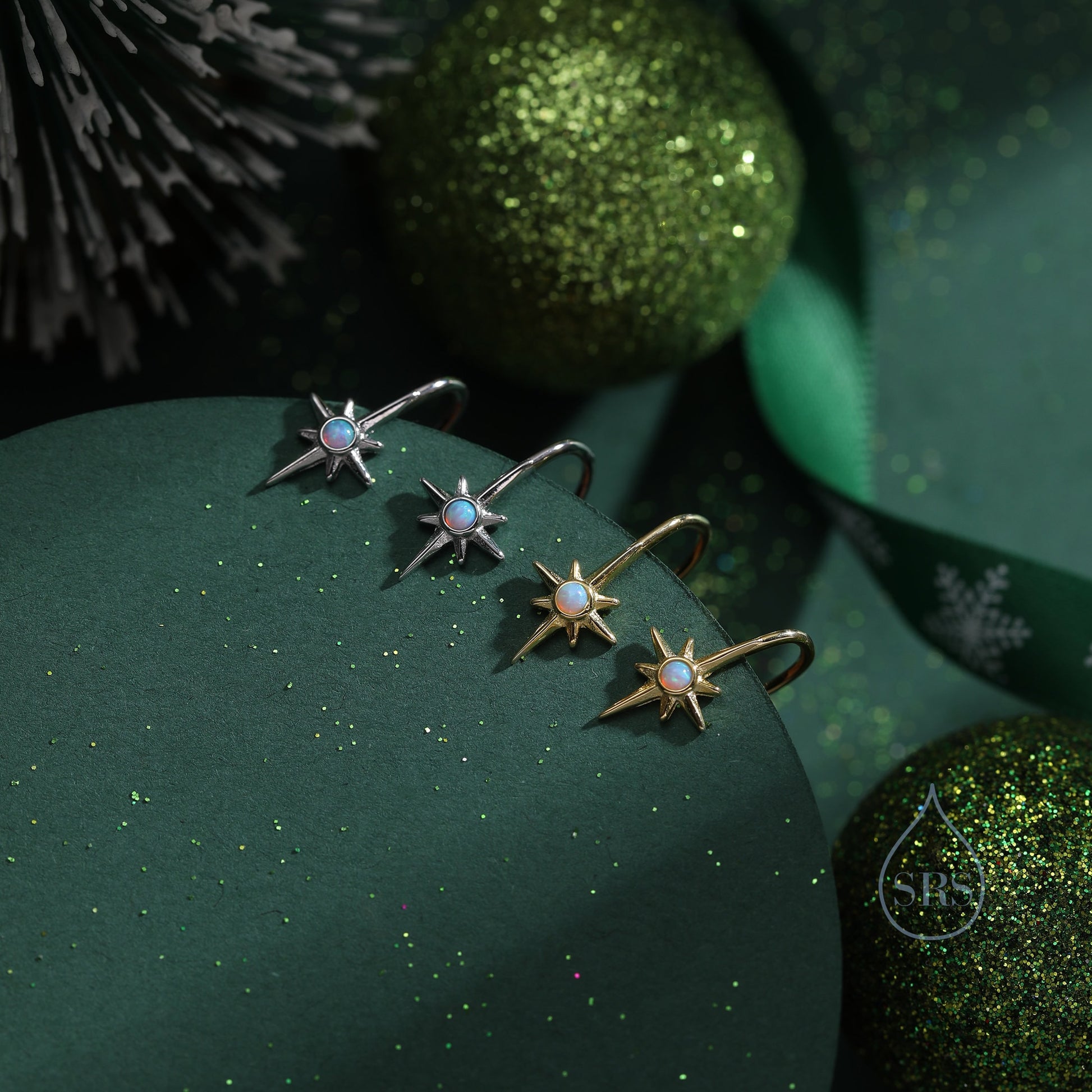 Opal Starburst Drop Hook Earrings in Sterling Silver, Blue Opal North Star Drop Earrings, Delicate Blue Opal Star Earrings, Sunburst Earring