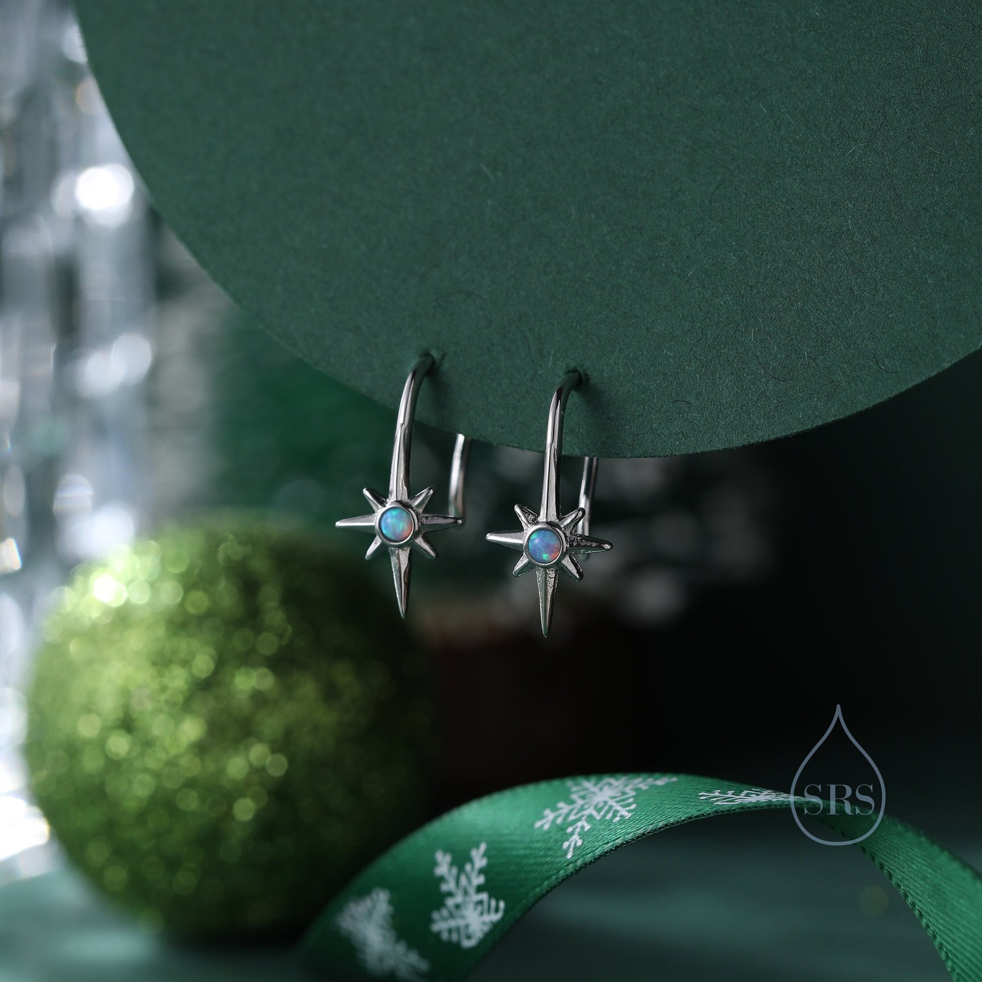 Opal Starburst Drop Hook Earrings in Sterling Silver, Blue Opal North Star Drop Earrings, Delicate Blue Opal Star Earrings, Sunburst Earring