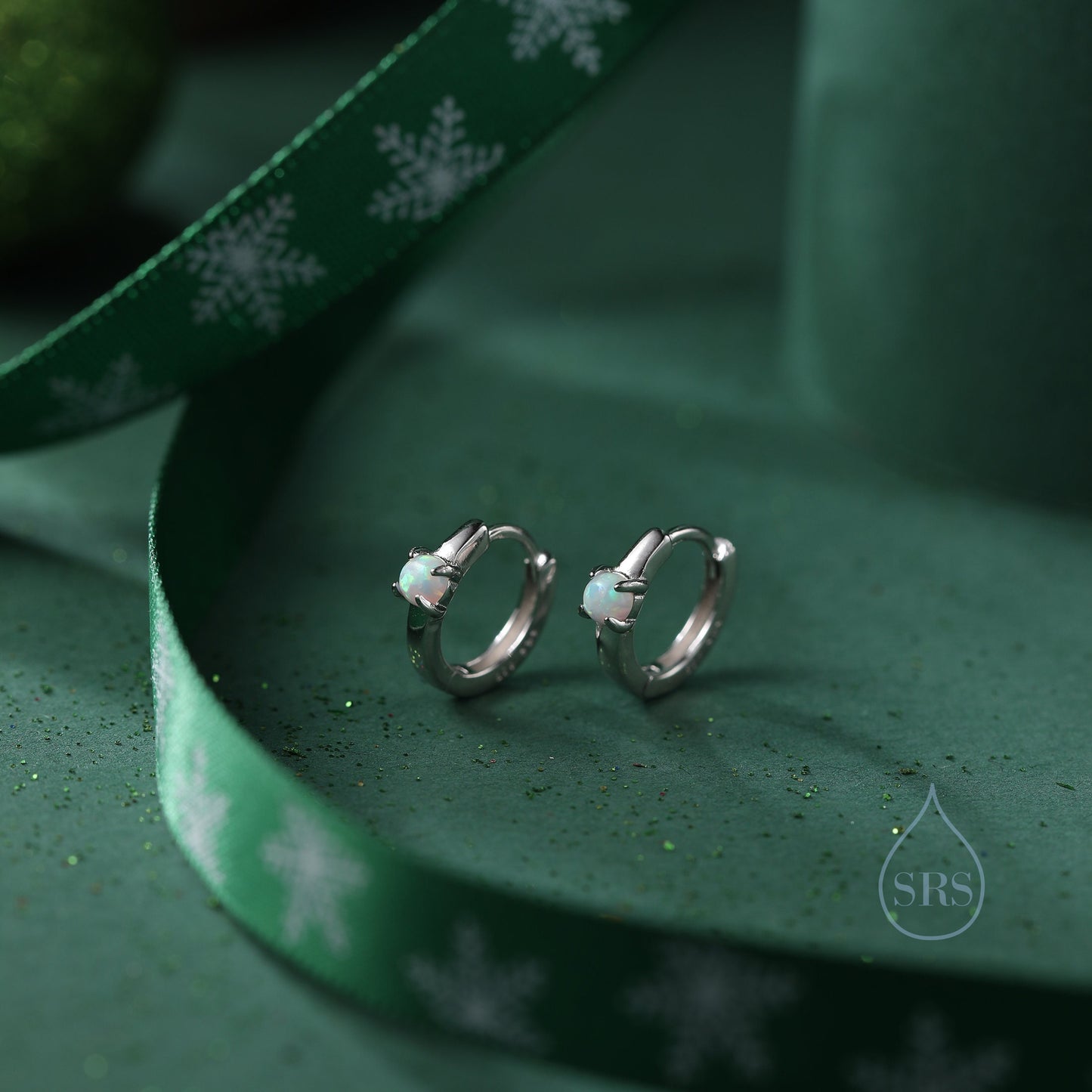 Delicate Opal Huggie Hoop Earrings in Sterling Silver, Silver or Gold, Blue or White Opal, Tiny Opal Hoop Earrings