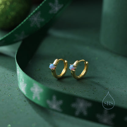 Delicate Opal Huggie Hoop Earrings in Sterling Silver, Silver or Gold, Blue or White Opal, Tiny Opal Hoop Earrings
