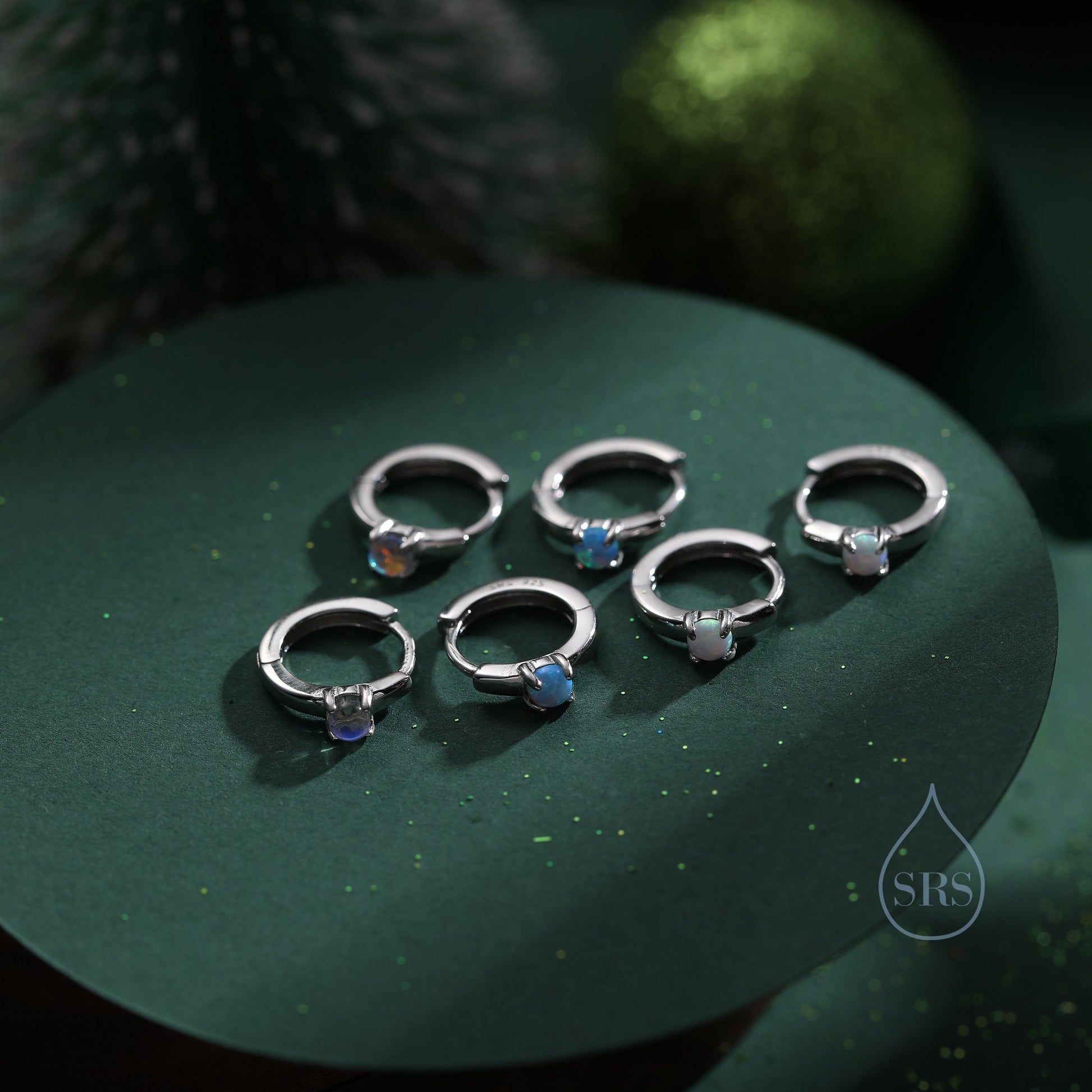 Delicate Opal Huggie Hoop Earrings in Sterling Silver, Silver or Gold, Blue or White Opal, Tiny Opal Hoop Earrings