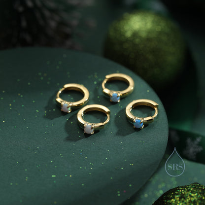 Delicate Opal Huggie Hoop Earrings in Sterling Silver, Silver or Gold, Blue or White Opal, Tiny Opal Hoop Earrings