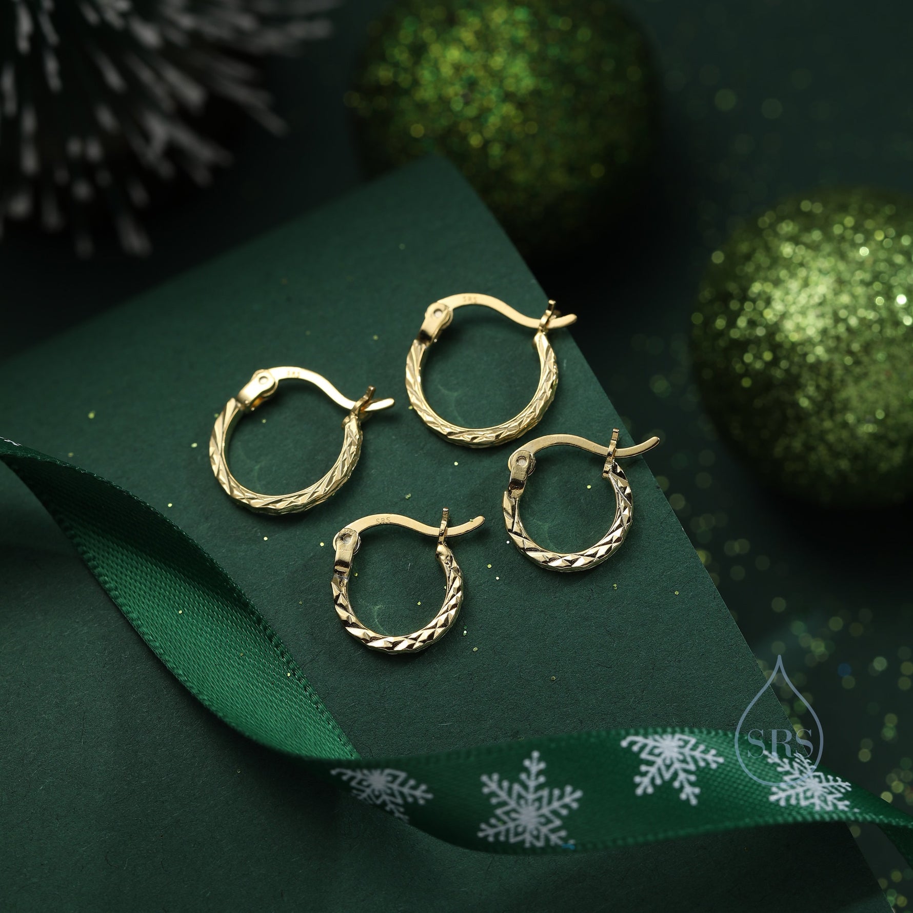 Sterling Silver Diamond Cut Huggie Hoops, Textured Faceted Hoops, Silver or Gold, 8mm or 10mm, Dainty Huggie Hoops Earrings