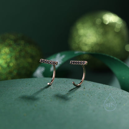 CZ Bar Huggie Hoop Earrings in Sterling Silver, Silver or Gold, Black or Clear CZ, Half Hoop, Open Hoop, Pull Through