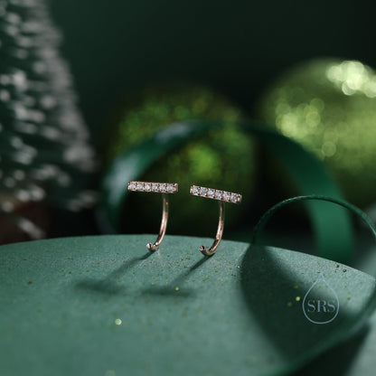 CZ Bar Huggie Hoop Earrings in Sterling Silver, Silver or Gold, Black or Clear CZ, Half Hoop, Open Hoop, Pull Through