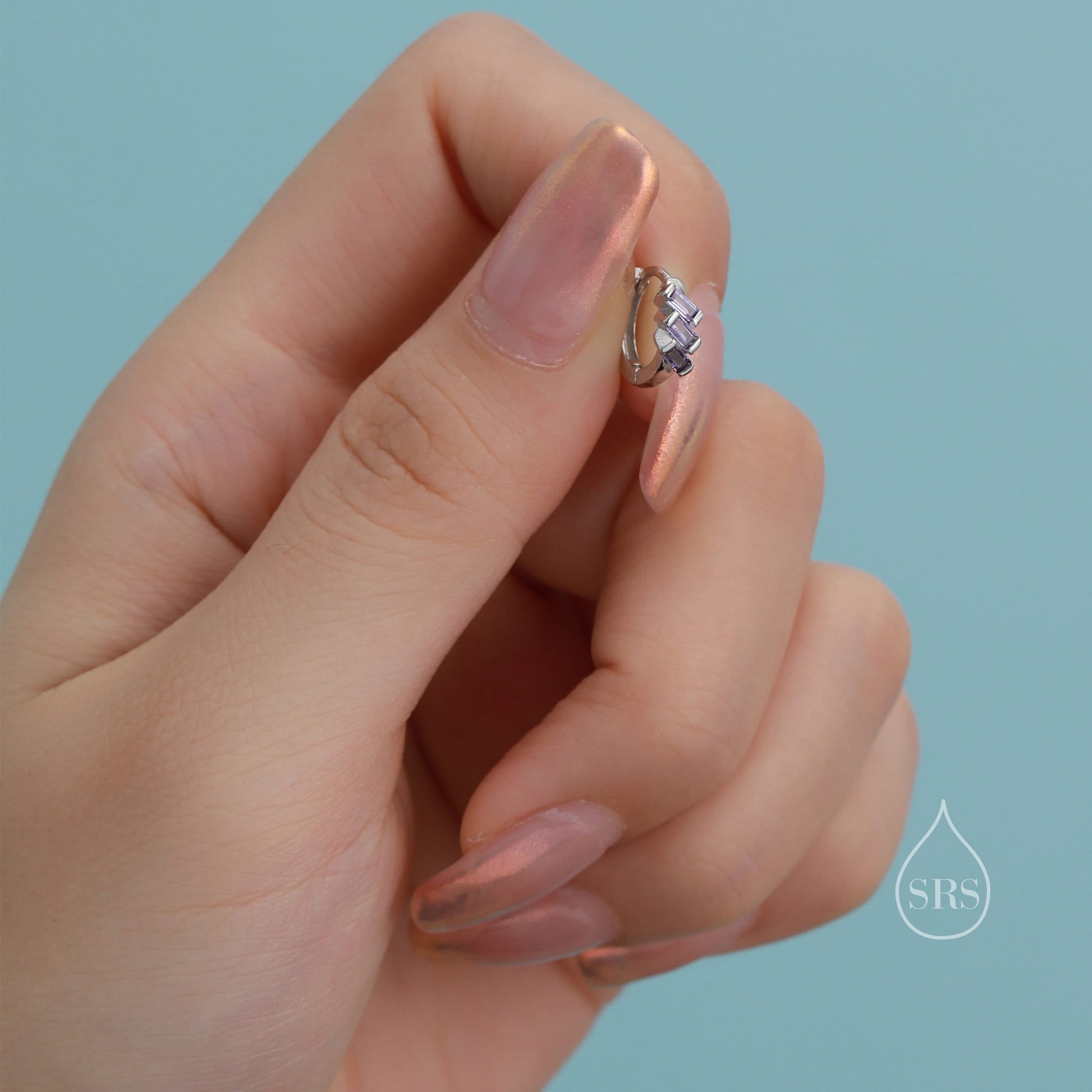 Baguette CZ Cluster Huggie Hoop in Sterling Silver, Silver or Gold, Geometric Hoop Earrings, Green, Blue, Purple or Clear CZ