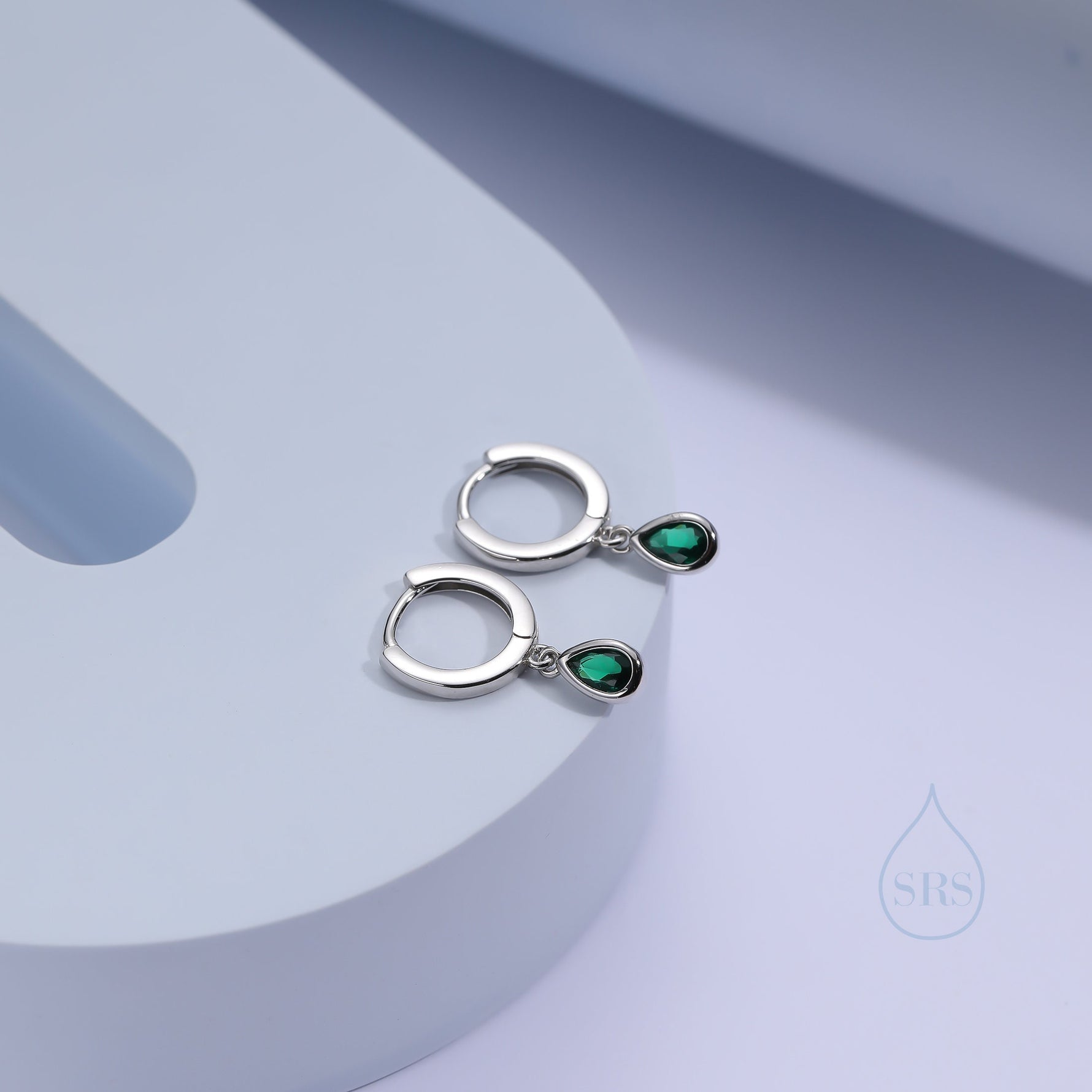 Tiny Emerald Green Droplet CZ Huggie Hoop Earrings in Sterling Silver, Silver or Gold, Geometric Hoop Earrings