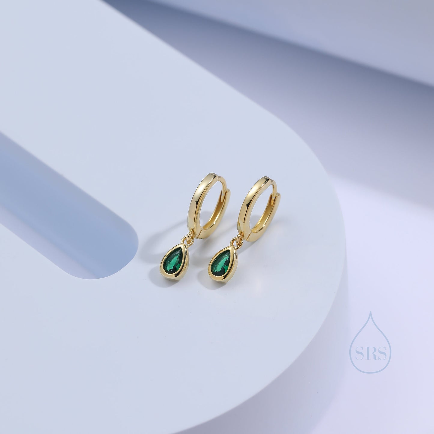 Tiny Emerald Green Droplet CZ Huggie Hoop Earrings in Sterling Silver, Silver or Gold, Geometric Hoop Earrings