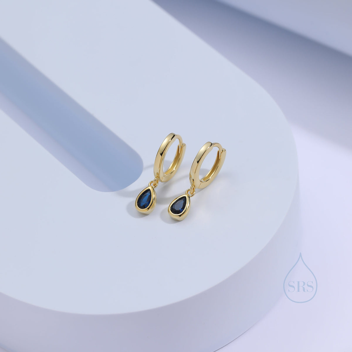 Tiny Sapphire Blue Droplet CZ Huggie Hoop Earrings in Sterling Silver, Silver or Gold, Geometric Hoop Earrings