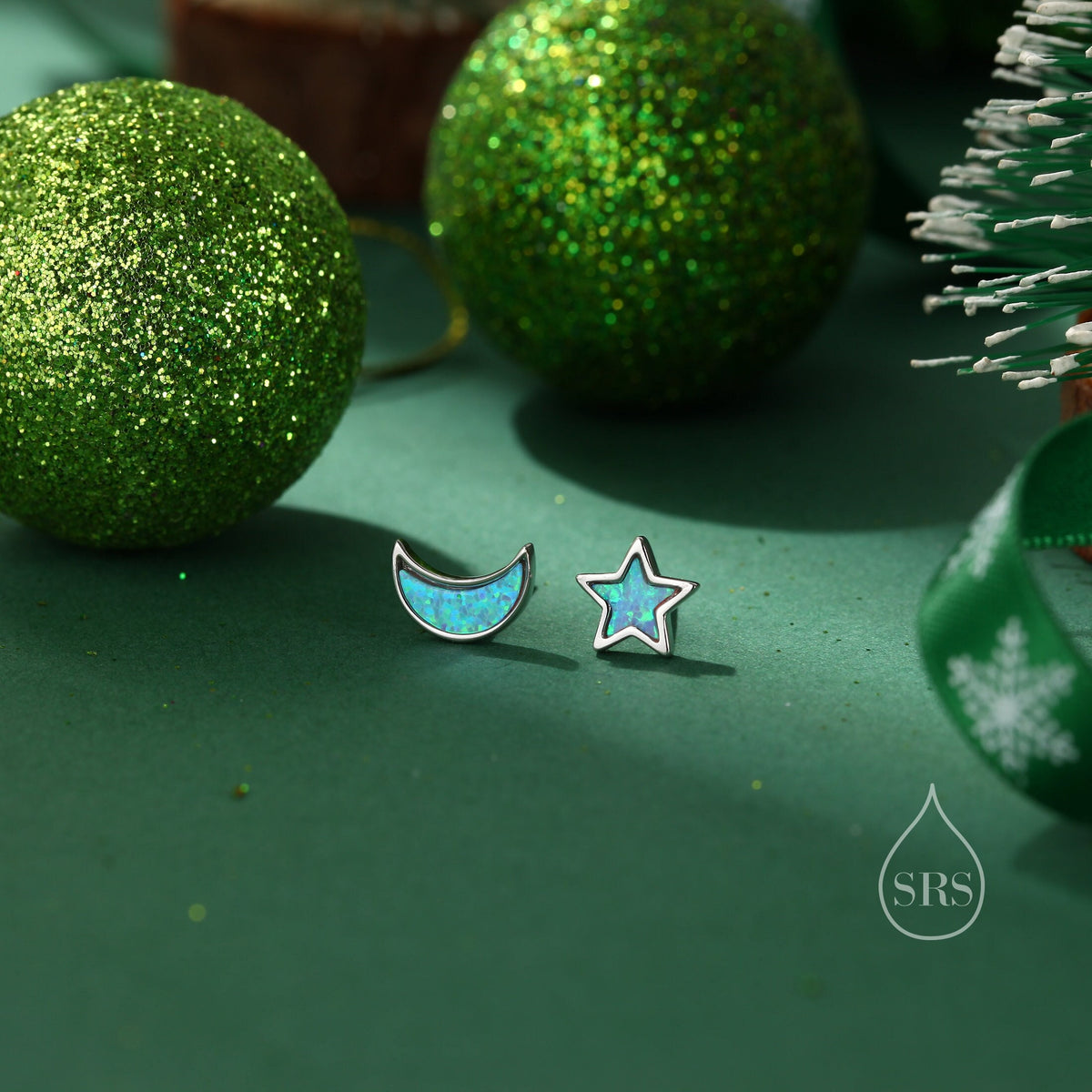 Mismatched Opal Moon and Star Stud Earrings in Sterling Silver - Blue Opal or White Opal - Gold or Silver - New Moon Earrings