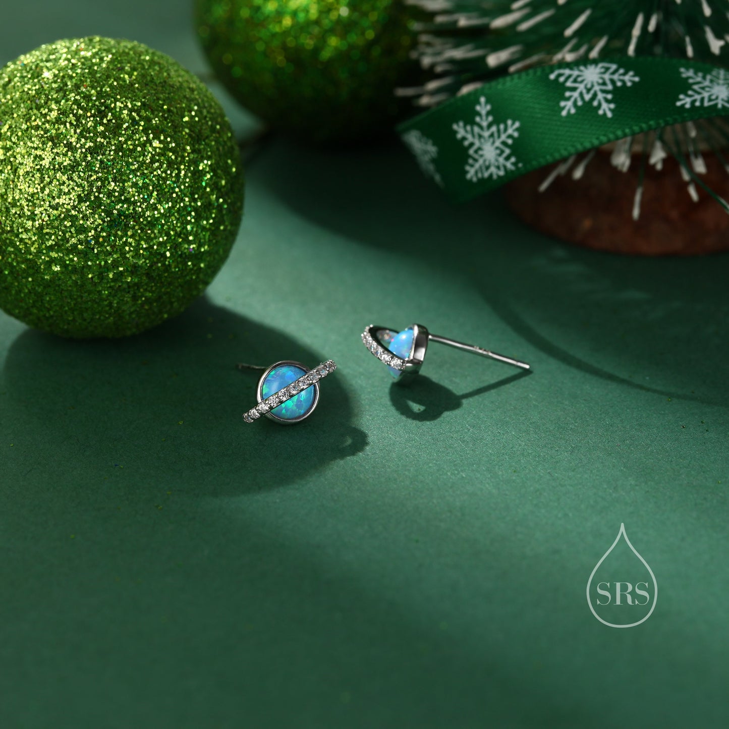 Blue Opal and CZ Halo Planet Stud Earrings in Sterling Silver, Lab Opal Planet Earrings, Fire Opal Saturn Earrings