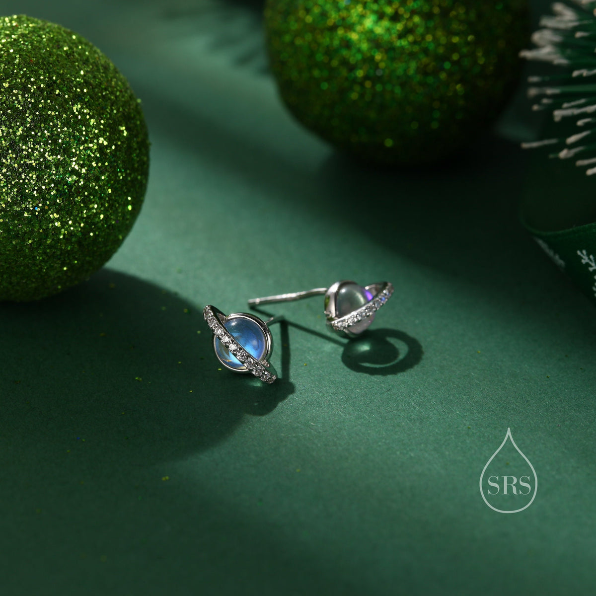 Moonstone and CZ Halo Planet Stud Earrings in Sterling Silver, Lab Moonstone Planet Earrings, Moonstone Saturn Earrings