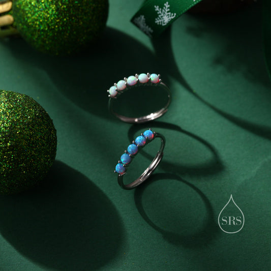 Opal Half Infinity Ring in Sterling Silver, Adjustable Size, Opal Ring, Five Opal Prong Set, Lab Opal Stone Ring, White Opal or Blue Opal