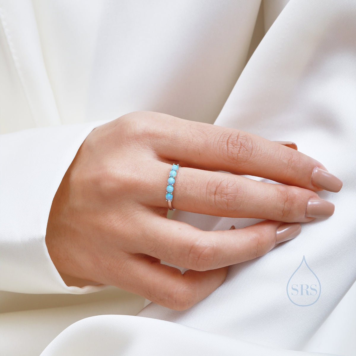 Opal Half Infinity Ring in Sterling Silver, Adjustable Size, Opal Ring, Five Opal Prong Set, Lab Opal Stone Ring, White Opal or Blue Opal