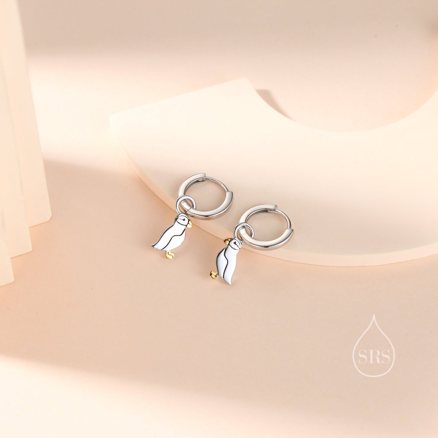Sterling Silver Puffin Bird Dangle Huggie Hoops, Puffin Hoop Earrings, Dainty Dangle Earrings, Puffin Bird Earrings, Puffin Earrings