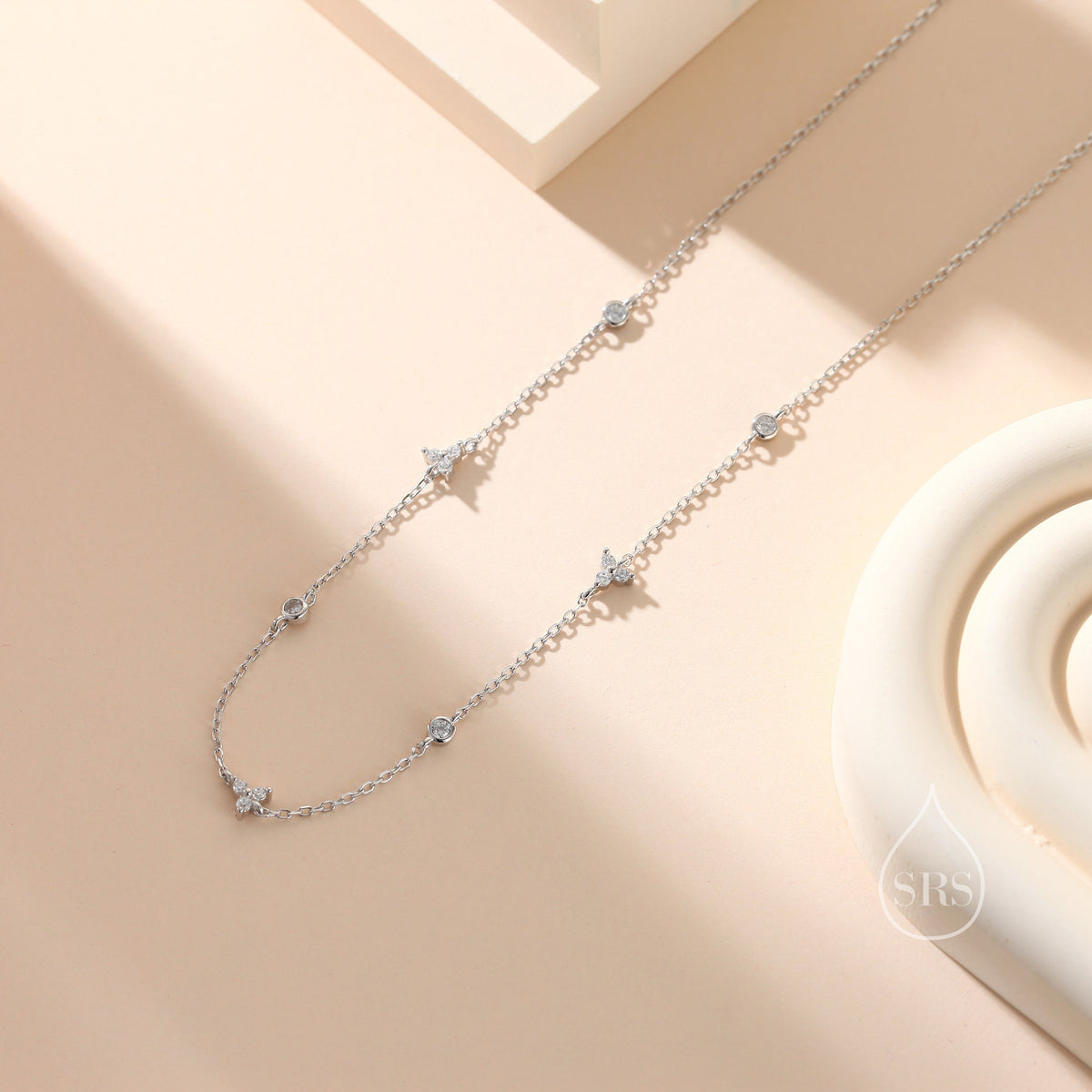 CZ Trio Necklace in Sterling Silver, Silver or Gold, Emerald Green or Clear Three CZ Satellite Crystal Necklace, Solid Silver Necklace