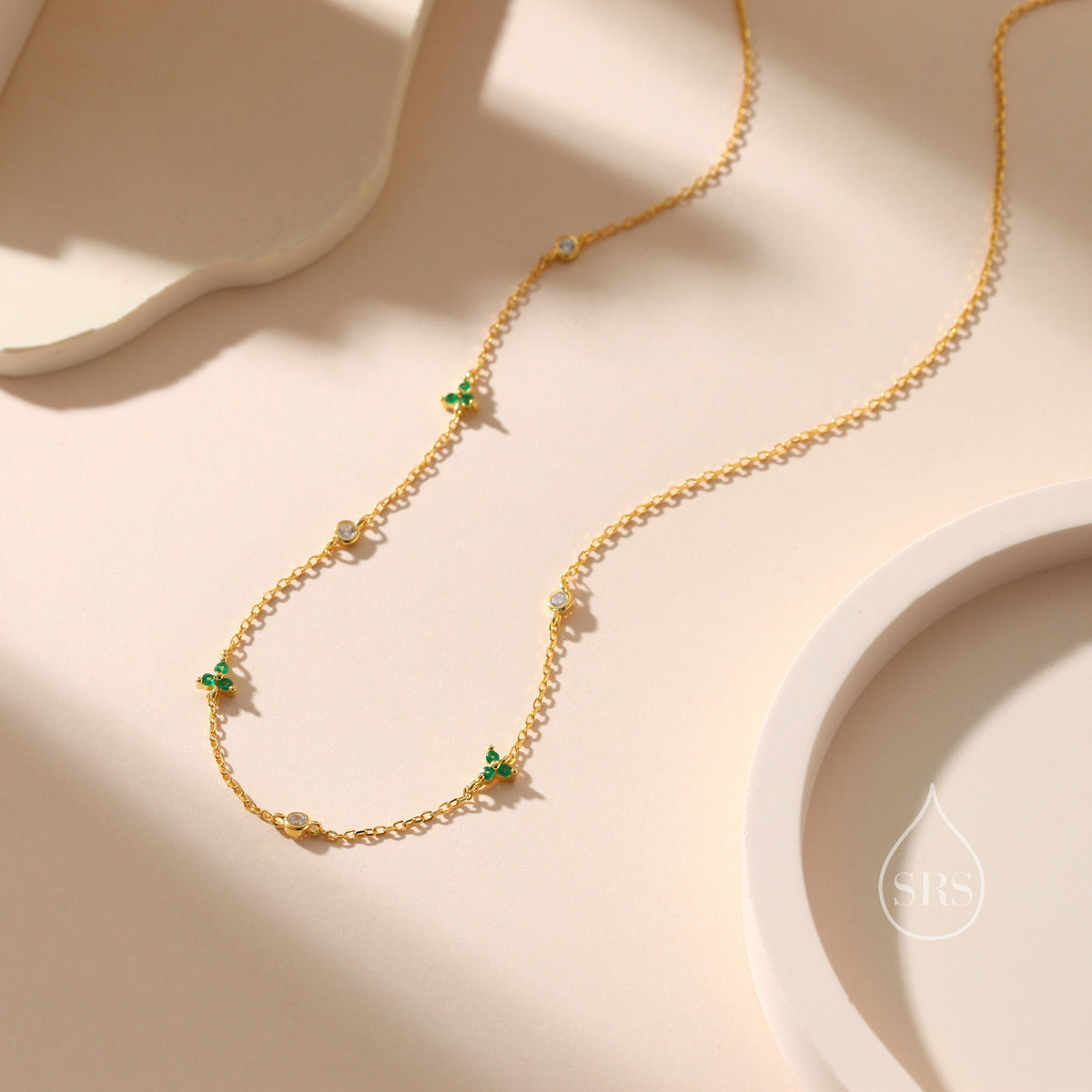 CZ Trio Necklace in Sterling Silver, Silver or Gold, Emerald Green or Clear Three CZ Satellite Crystal Necklace, Solid Silver Necklace