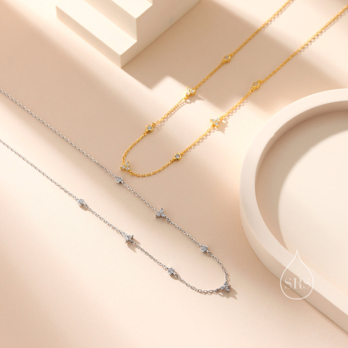 CZ Trio Necklace in Sterling Silver, Silver or Gold, Emerald Green or Clear Three CZ Satellite Crystal Necklace, Solid Silver Necklace