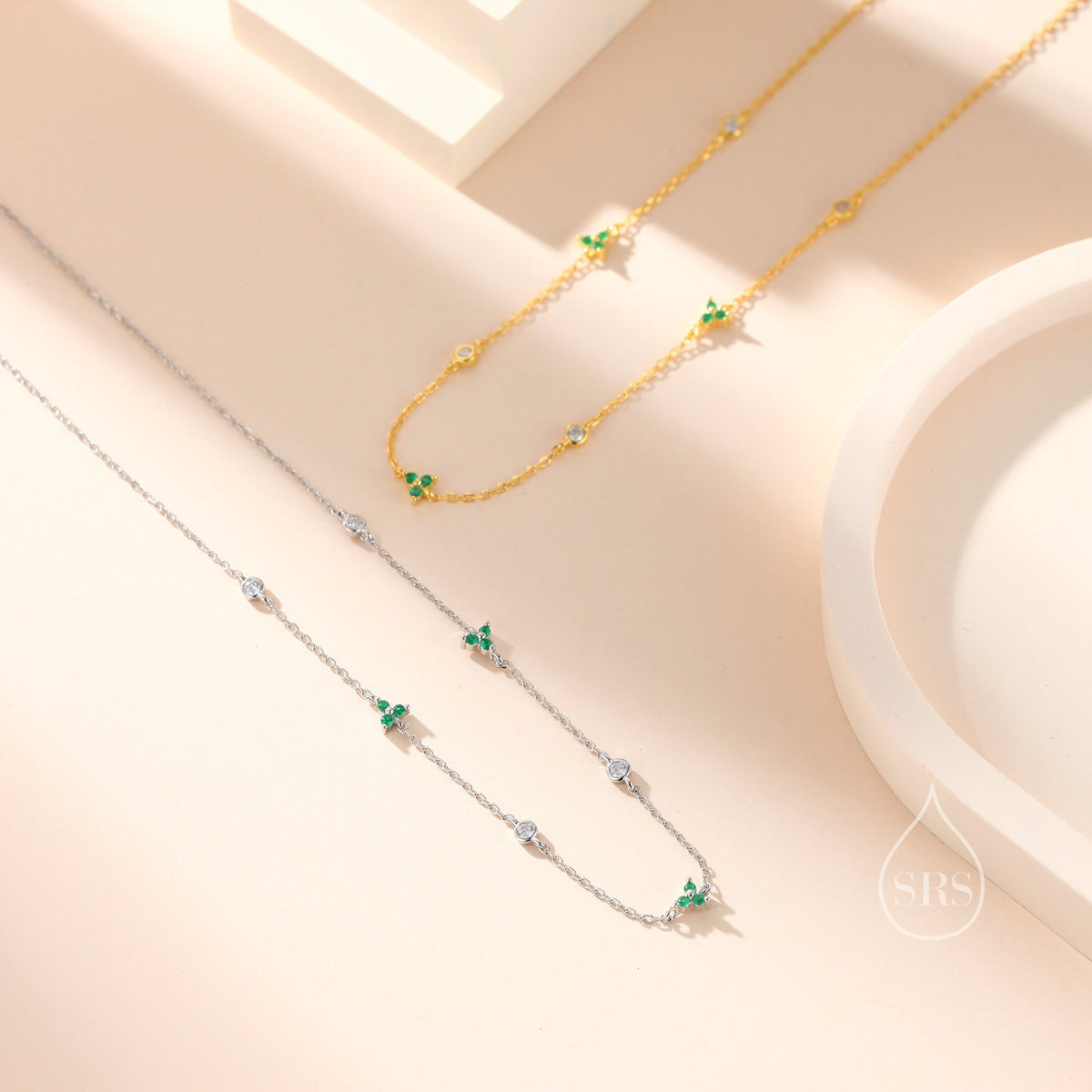 CZ Trio Necklace in Sterling Silver, Silver or Gold, Emerald Green or Clear Three CZ Satellite Crystal Necklace, Solid Silver Necklace