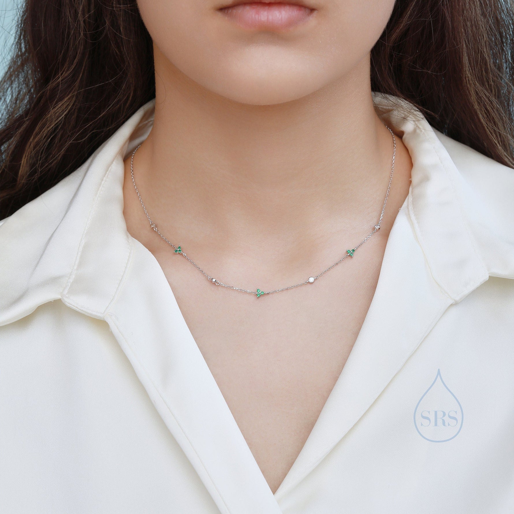 CZ Trio Necklace in Sterling Silver, Silver or Gold, Emerald Green or Clear Three CZ Satellite Crystal Necklace, Solid Silver Necklace