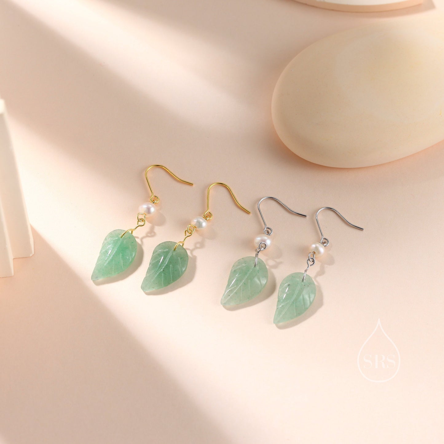 Sterling Silver Dangling Carved Jade Leaf Earrings with Natural Freshwater Pearls, Genuine Jade Leaf Dangle Earrings, Jade and Pearl Earring