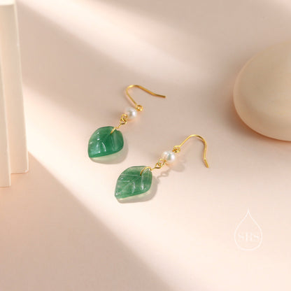 Sterling Silver Dangling Carved Jade Leaf Earrings with Natural Freshwater Pearls, Genuine Jade Leaf Dangle Earrings, Jade and Pearl Earring