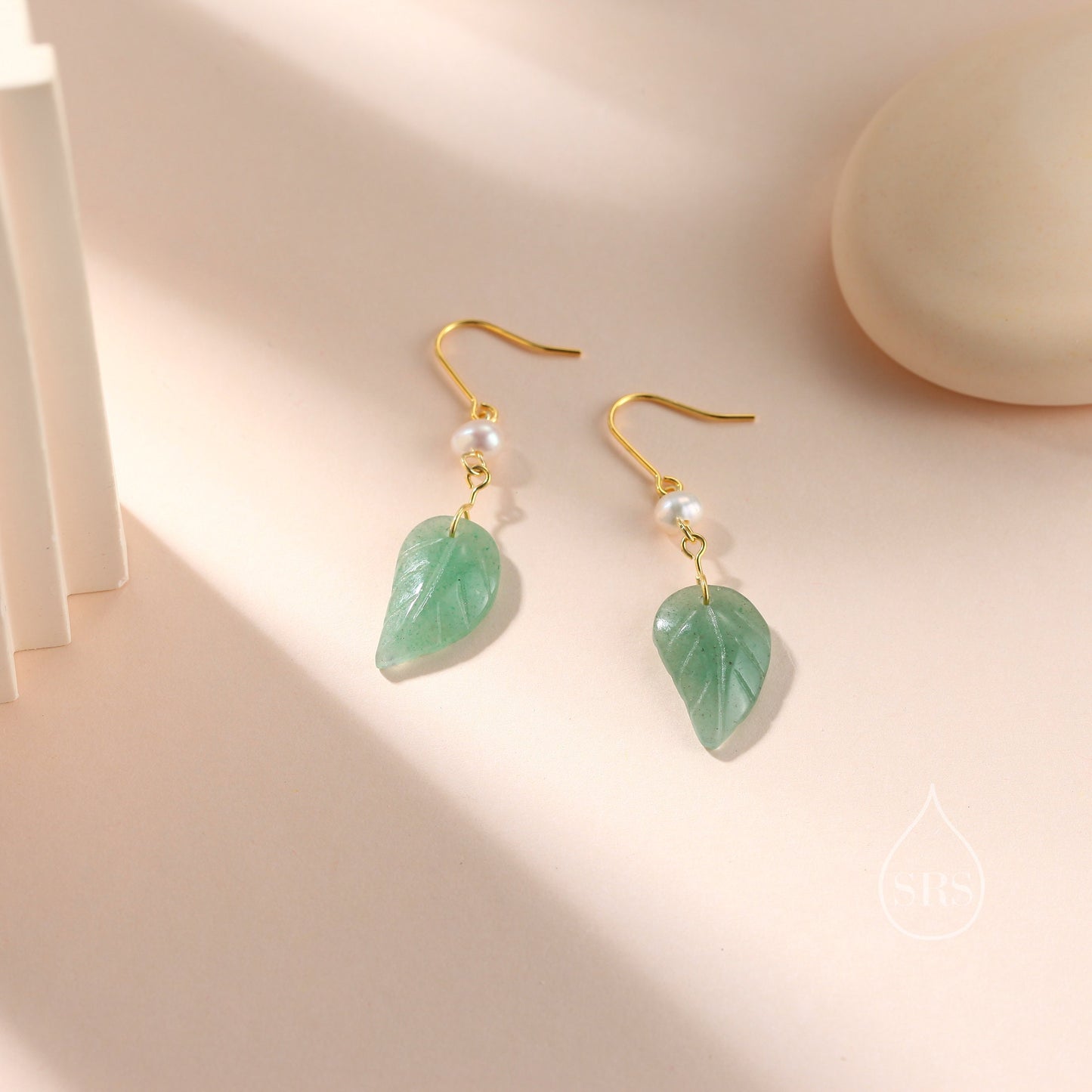 Sterling Silver Dangling Carved Jade Leaf Earrings with Natural Freshwater Pearls, Genuine Jade Leaf Dangle Earrings, Jade and Pearl Earring