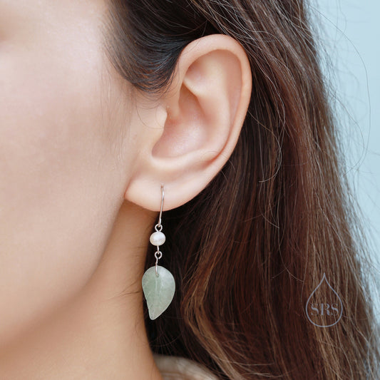 Sterling Silver Dangling Carved Jade Leaf Earrings with Natural Freshwater Pearls, Genuine Jade Leaf Dangle Earrings, Jade and Pearl Earring