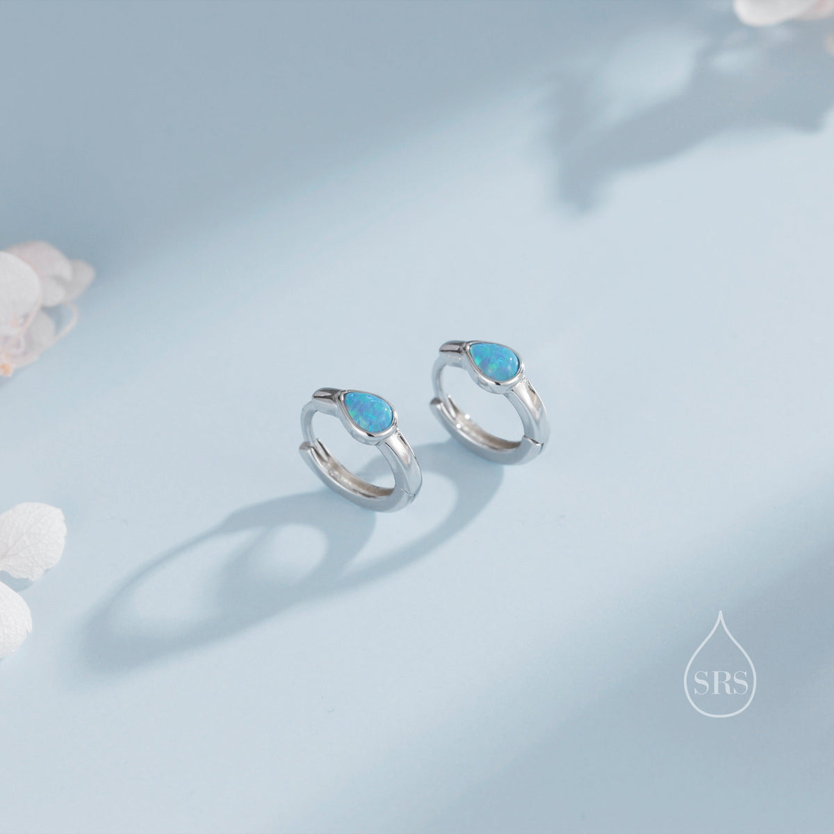 Delicate Opal Droplet Huggie Hoop Earrings in Sterling Silver, Silver or Gold, Blue or White Pear Shape Opal, Tiny Opal Hoop Earrings