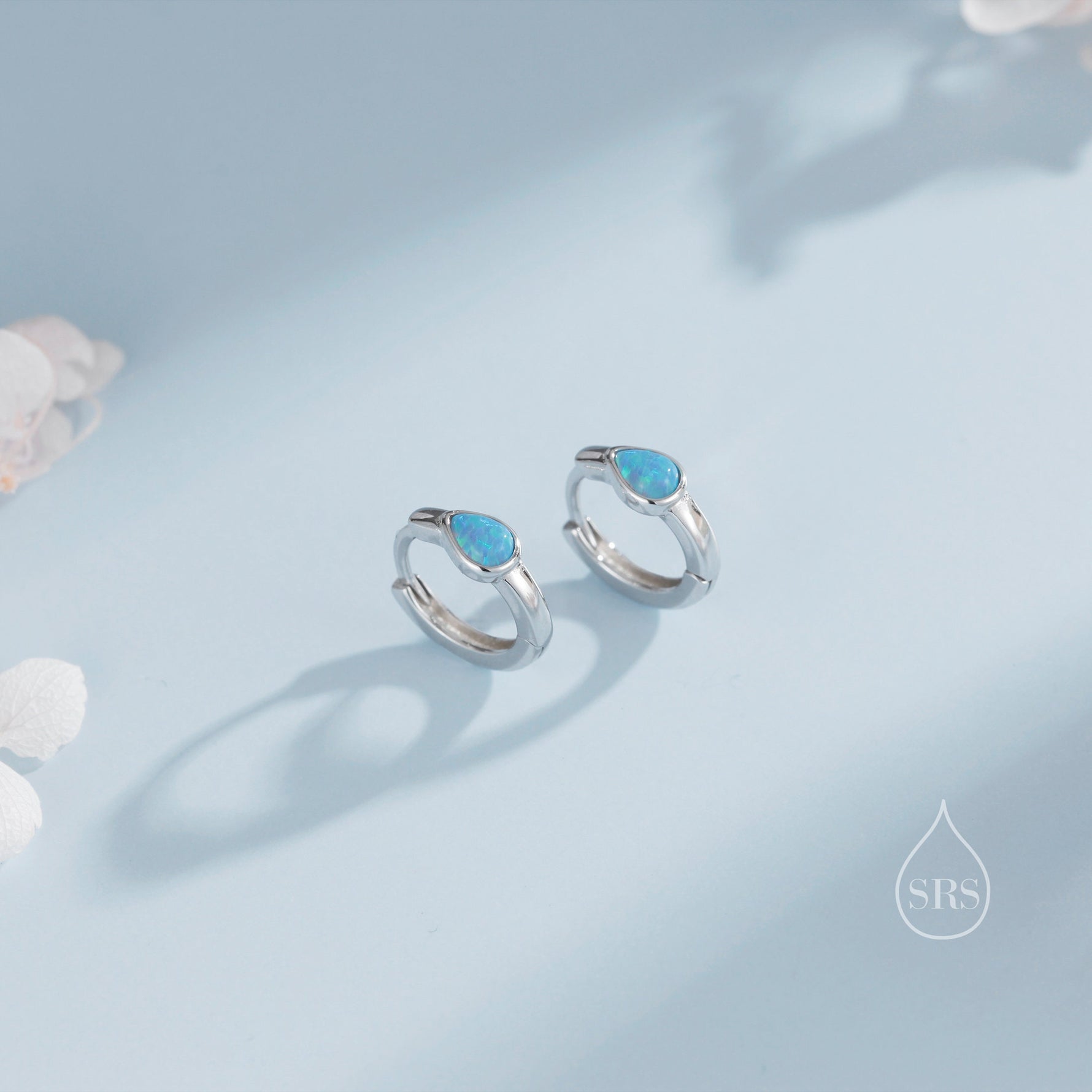 Delicate Opal Droplet Huggie Hoop Earrings in Sterling Silver, Silver or Gold, Blue or White Pear Shape Opal, Tiny Opal Hoop Earrings