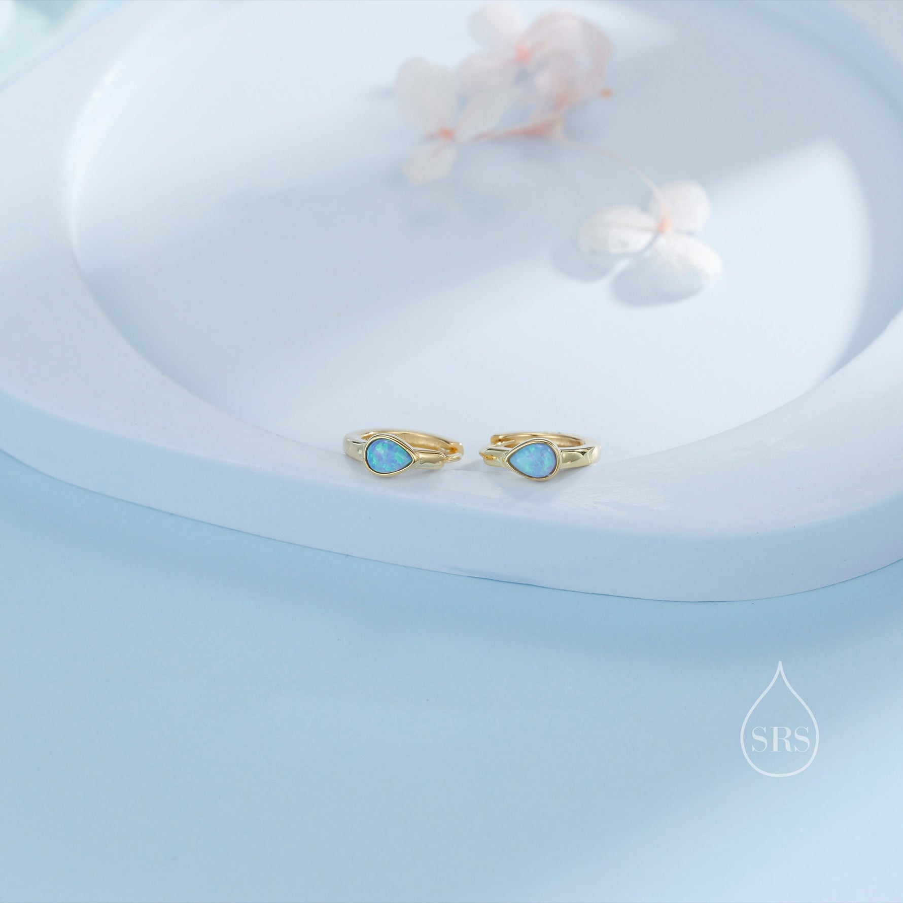 Delicate Opal Droplet Huggie Hoop Earrings in Sterling Silver, Silver or Gold, Blue or White Pear Shape Opal, Tiny Opal Hoop Earrings