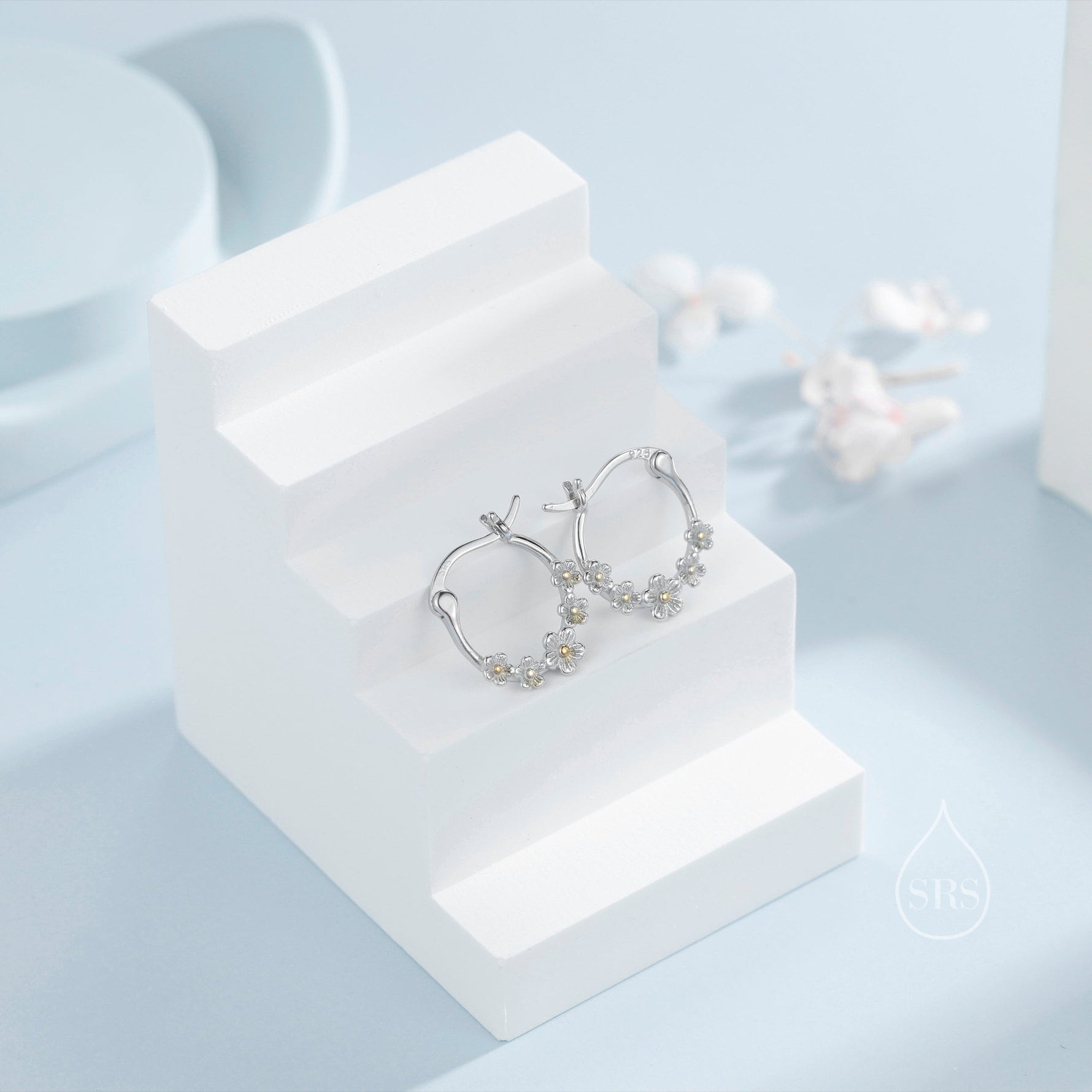 Forget Me Not Flower Cluster Hoop Earrings in Sterling Silver, Flower Bouquet Hoops
