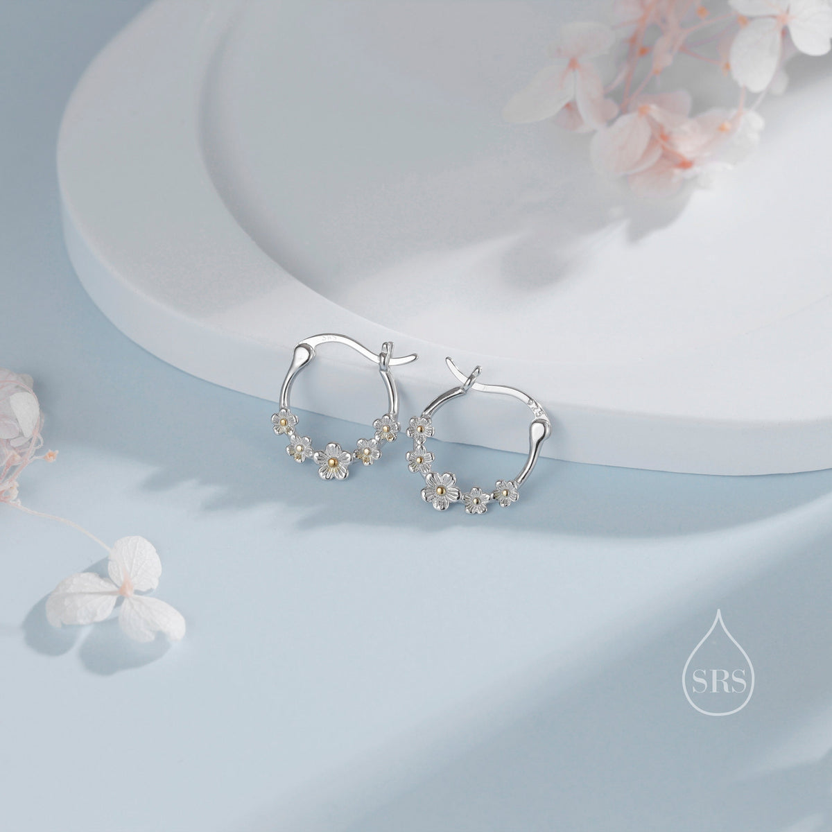 Forget Me Not Flower Cluster Hoop Earrings in Sterling Silver, Flower Bouquet Hoops