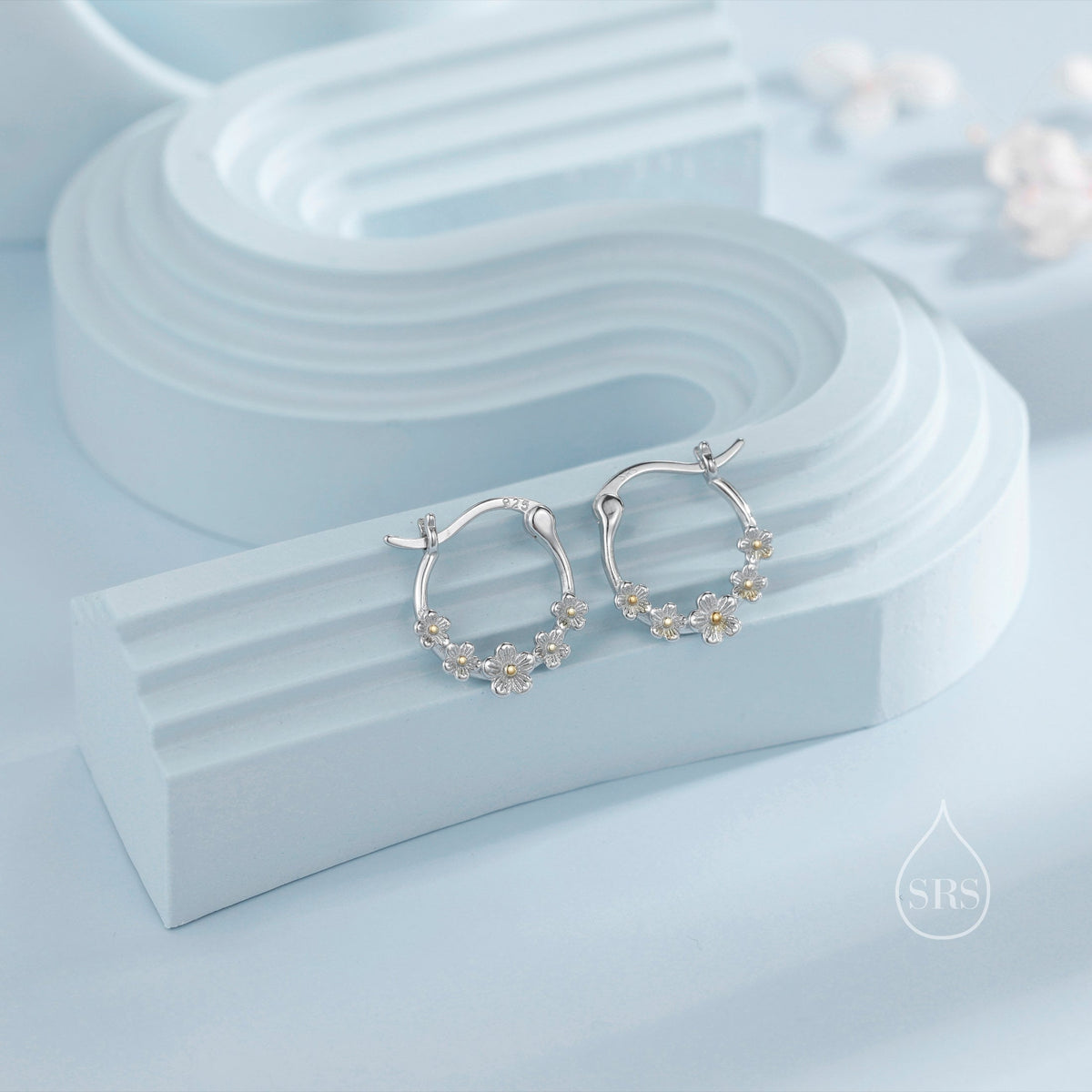 Forget Me Not Flower Cluster Hoop Earrings in Sterling Silver, Flower Bouquet Hoops