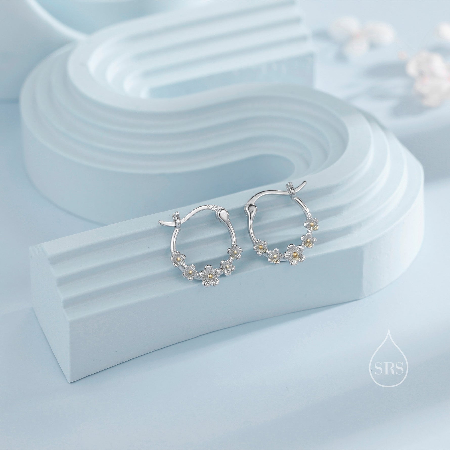 Forget Me Not Flower Cluster Hoop Earrings in Sterling Silver, Flower Bouquet Hoops