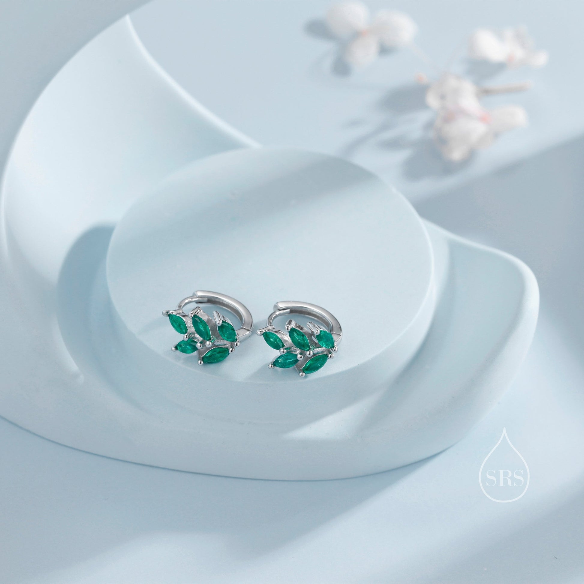 CZ Leaf Huggie Hoop Earrings in Sterling Silver, Silver or Gold or Rose Gold, Clear CZ or Green CZ Hoop Earrings