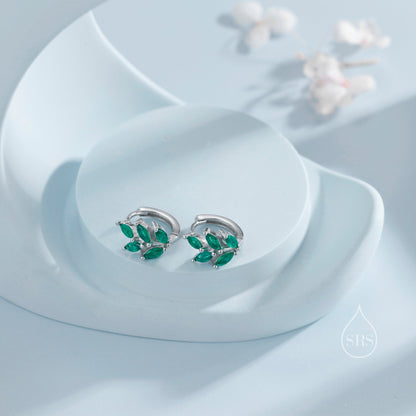 CZ Leaf Huggie Hoop Earrings in Sterling Silver, Silver or Gold or Rose Gold, Clear CZ or Green CZ Hoop Earrings