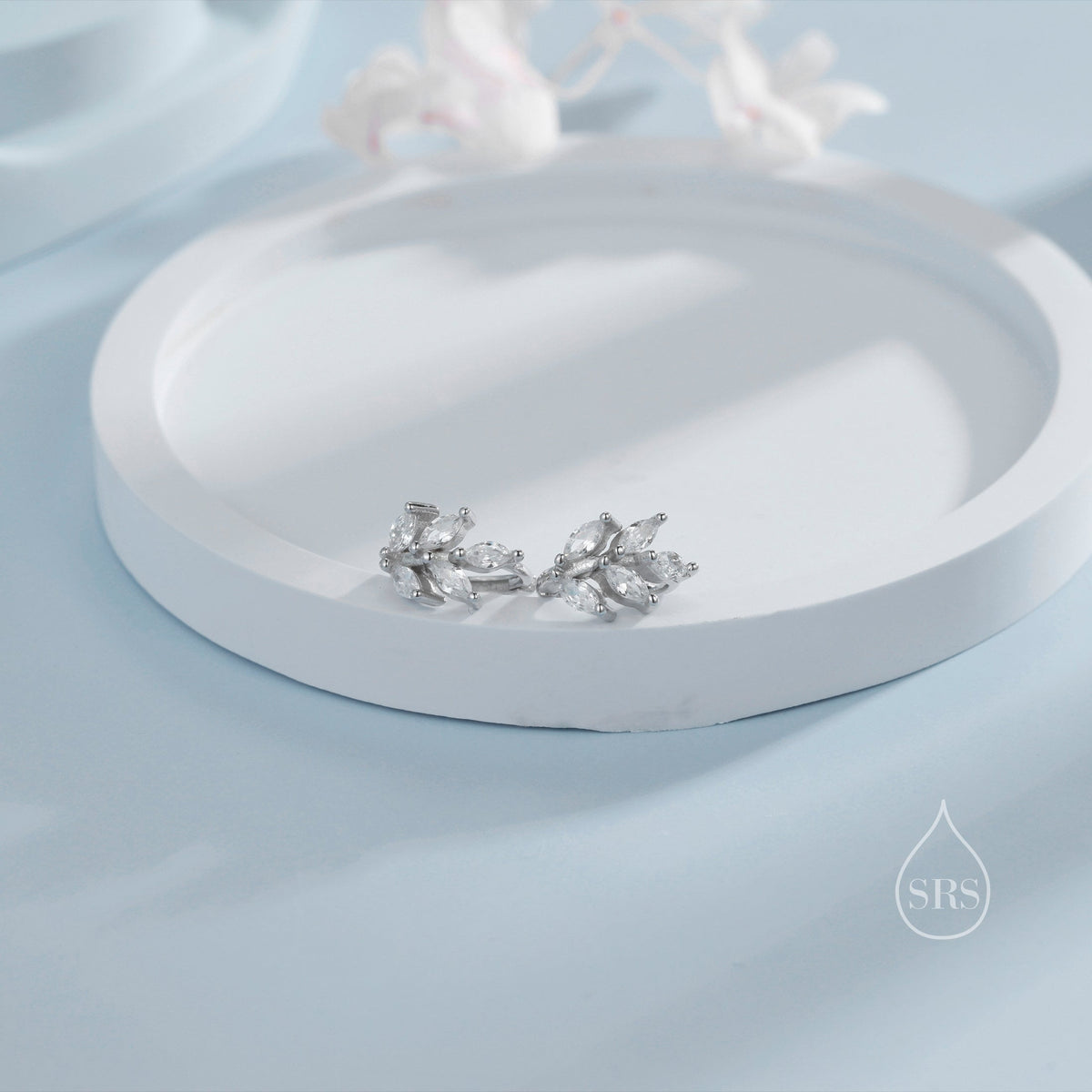 CZ Leaf Huggie Hoop Earrings in Sterling Silver, Silver or Gold or Rose Gold, Clear CZ or Green CZ Hoop Earrings